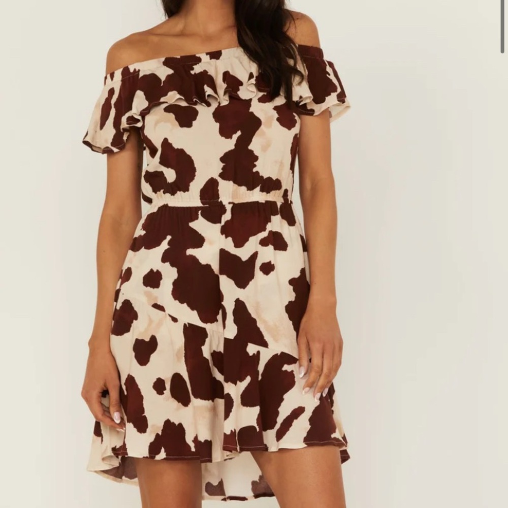 Idyllwind Brown and Cream Off-Shoulder Ruffle Mini Dress